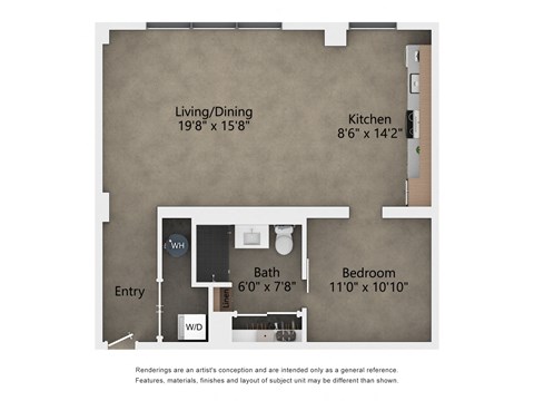 Floor plan for 1 bed, 1 bath, 1235 sqft